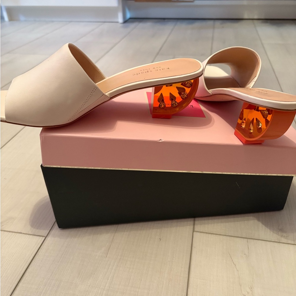 NIB Kate Spade Citrus Slide Sandals Women's Parchment (Off-White & Orange) sz 8